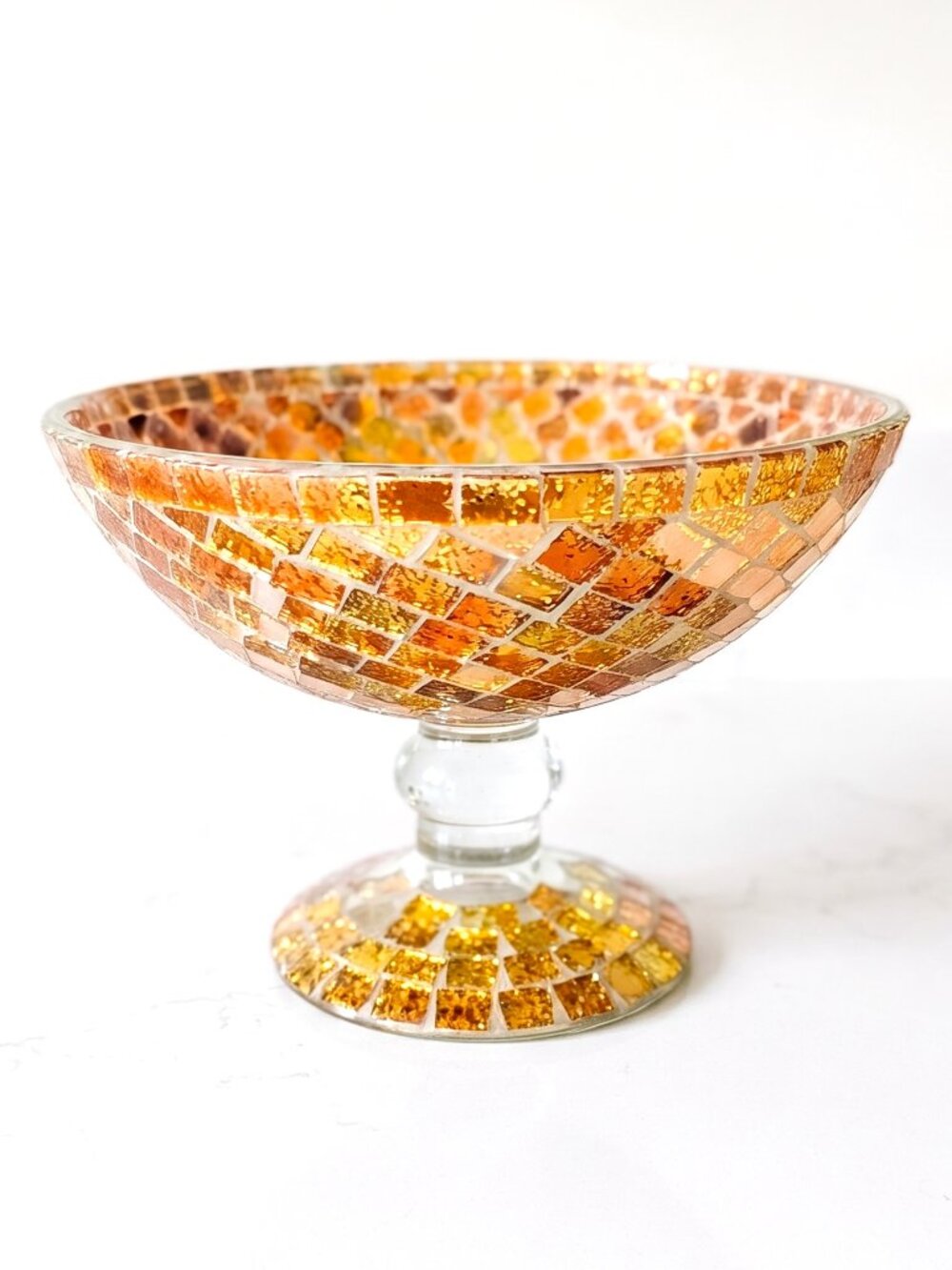 Vintage Mosaic Glass Pedestal Compote Bowl Copper Gold Brown Retro Decor 9"